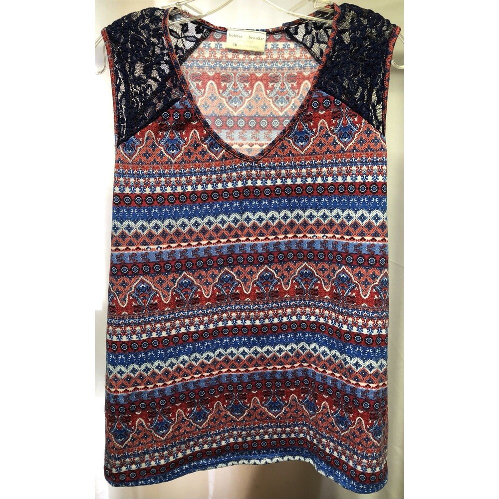 Bobbie Brooks Sleeveless Tank Top 1X Blue Red Lace Geo Vneck boho Cottage hippie